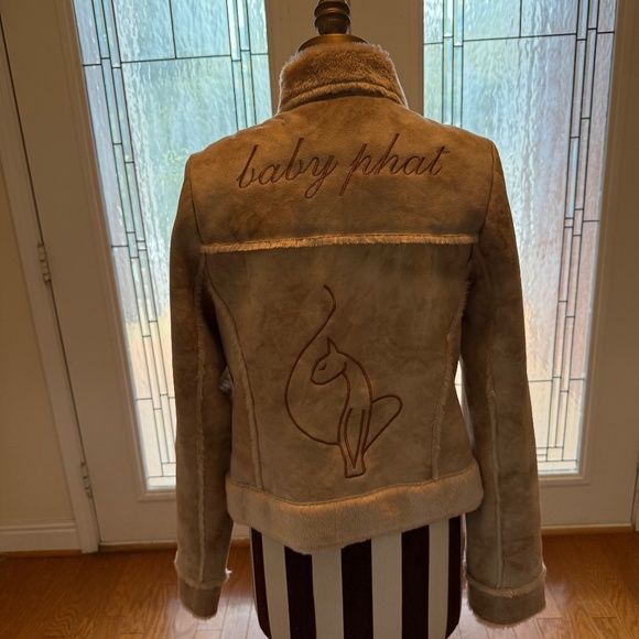 Vintage Y2K Baby Phat Faux Suede Embroidered Cat Jacket M Tan Brown Faux Fur - Picture 4 of 12